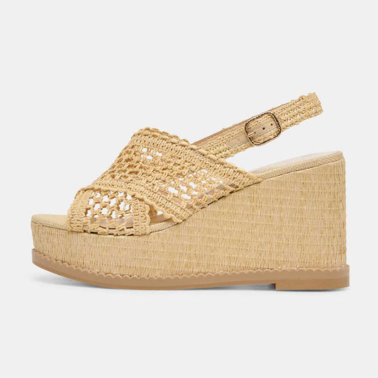 Beige Raffia Woven Detail Slingback Wedge Sandals with Platform