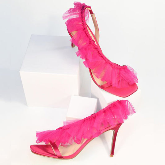 Hot Pink Satin Slingback Shoes Ruched Ruffle Evening Heeled Sandals