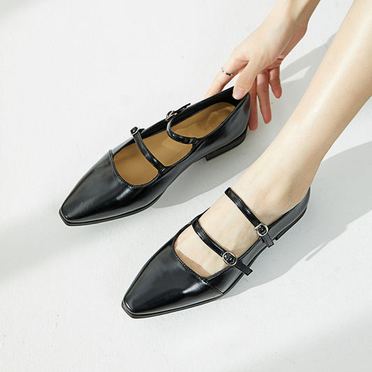Black Pointed Toe Chunky Heel Mary Jane Flats