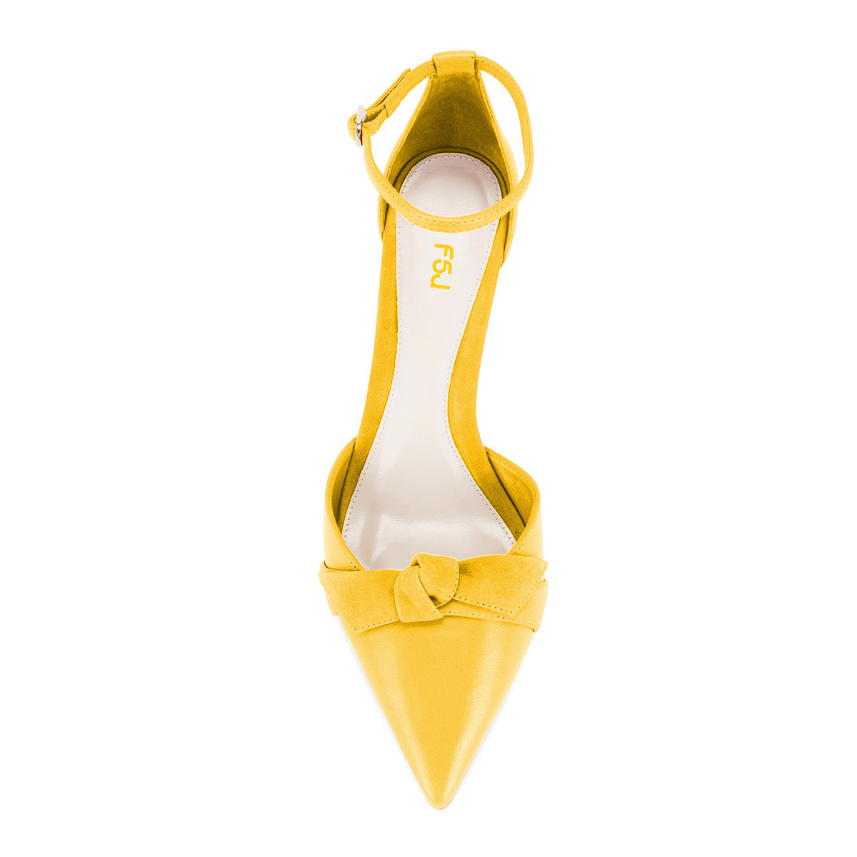 Yellow Flared Heel Bowknot Studded Ankle Strap Pumps for Women