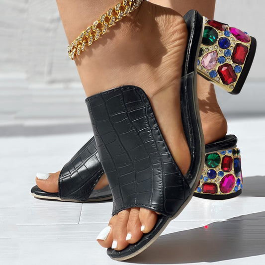 Black & Clear Open Toe Decorative Heel Mules