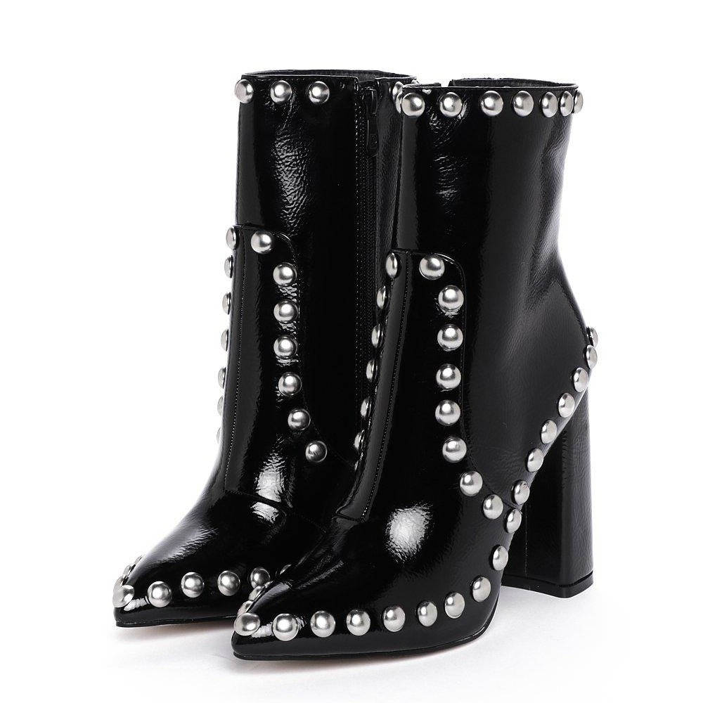 Black Patent Leather Closed Toe 4'' Chunky Heel Studded Ankle Boots