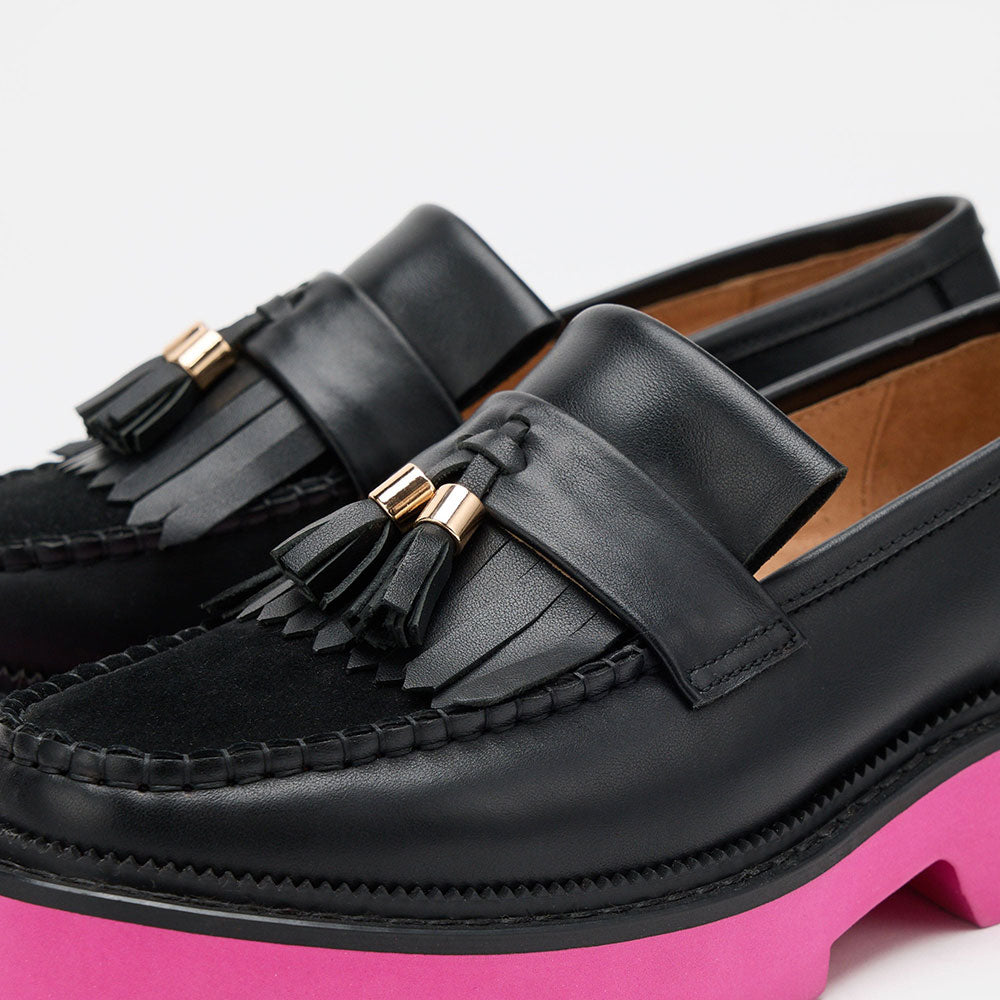 Pink & Black Round Toe Tassel and Fringe Chunky Loafers Women