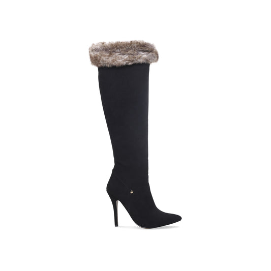 Black Stiletto Heels Faux Fur Trim Pointed Toe Knee High Boots