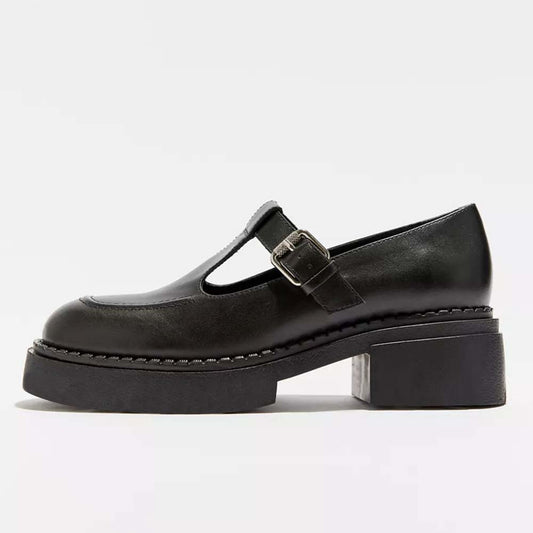 Black T-strap Shoes With Platform Chunky Low Heel Loafers