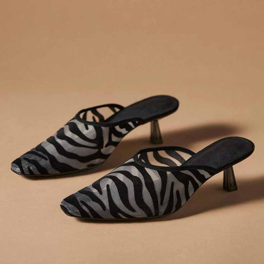 Black Mesh & Velvet Square Toe Flared Heels Zebra Print Mules Shoes