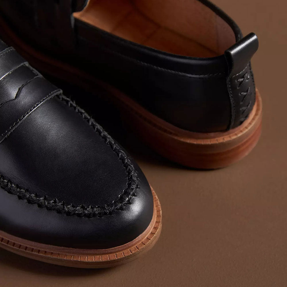 Black Round Toe Stacked Heel Business Casual Penny Loafers for Women