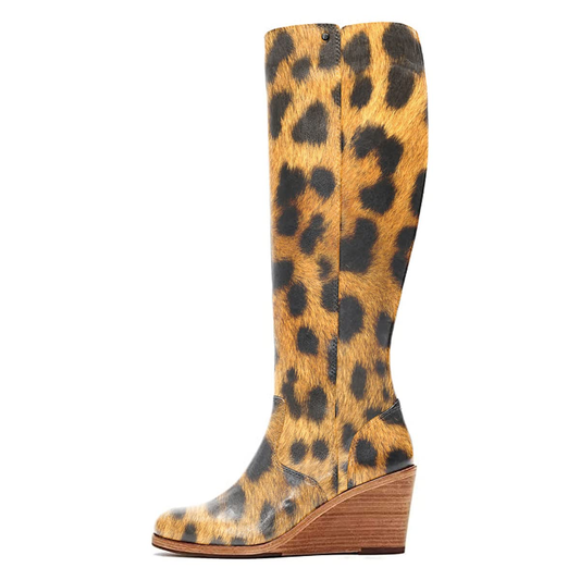 Women's Leopard Print Wedge Heel Side Zipper Knee High Boots
