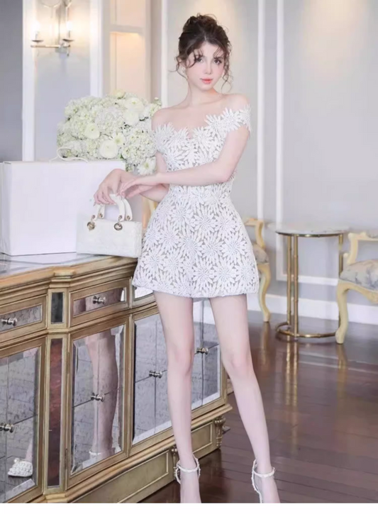 Cute White Appliqued Off-the-shoulder Design A-line Party Dress Homecoming Dress TP3849