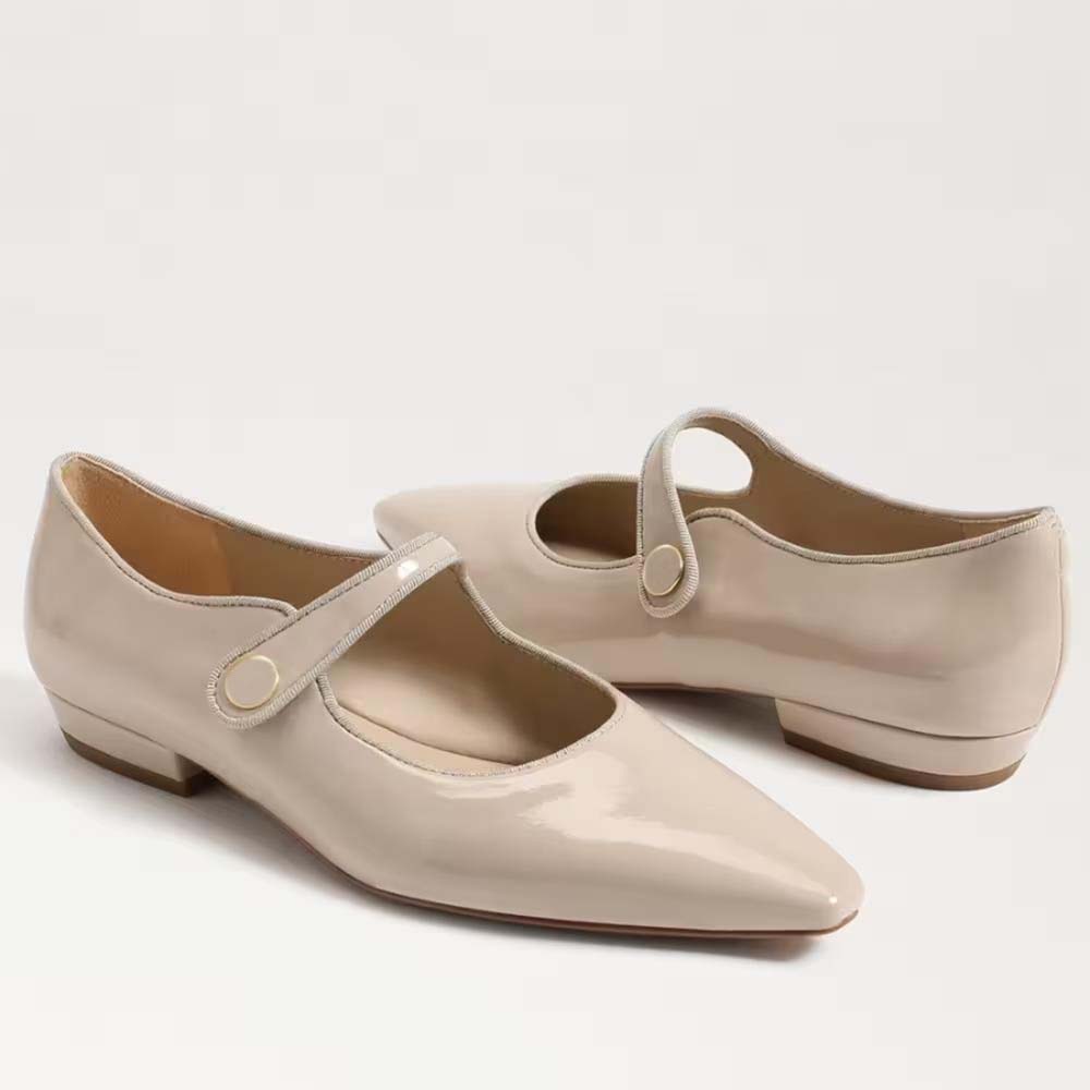 Pointed Toe Nude Patent Leather Buckle Flats