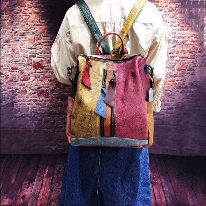 Retro Style Women Fashion Blocking Color Patchwork Design Backpack