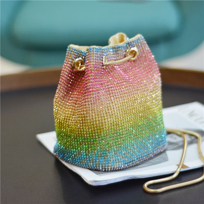 Fashion Rainbow Color Rhinestone Decoration Chain Bucket Mini Bag