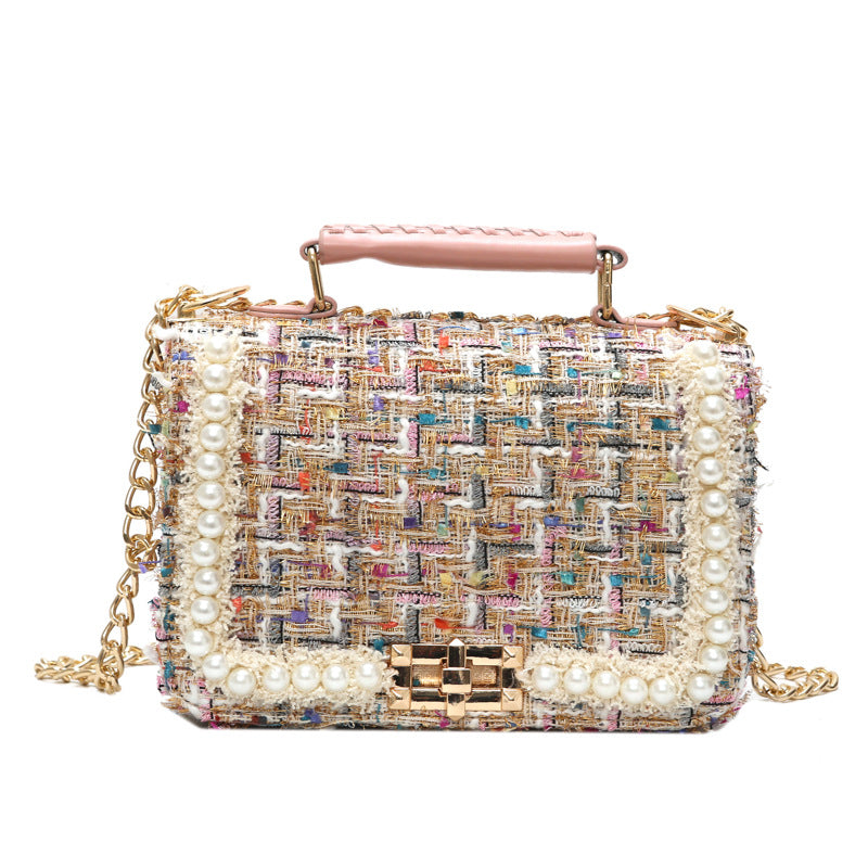 Women Fashion Pearl Decoration Elegant Chain Square Bag