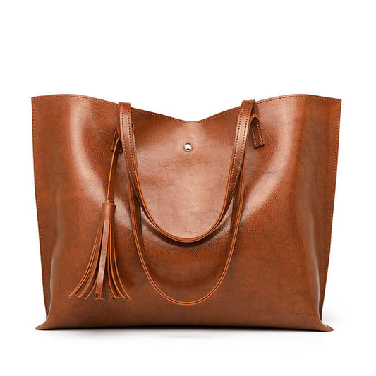 Women Fashion Solid Color Tasseled PU Handle Bag