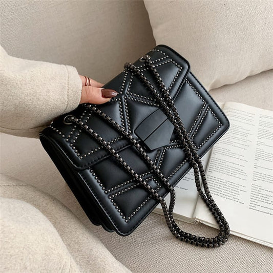 Women Fashion Metal Chain Rivet Decor Crossbody Square Bag