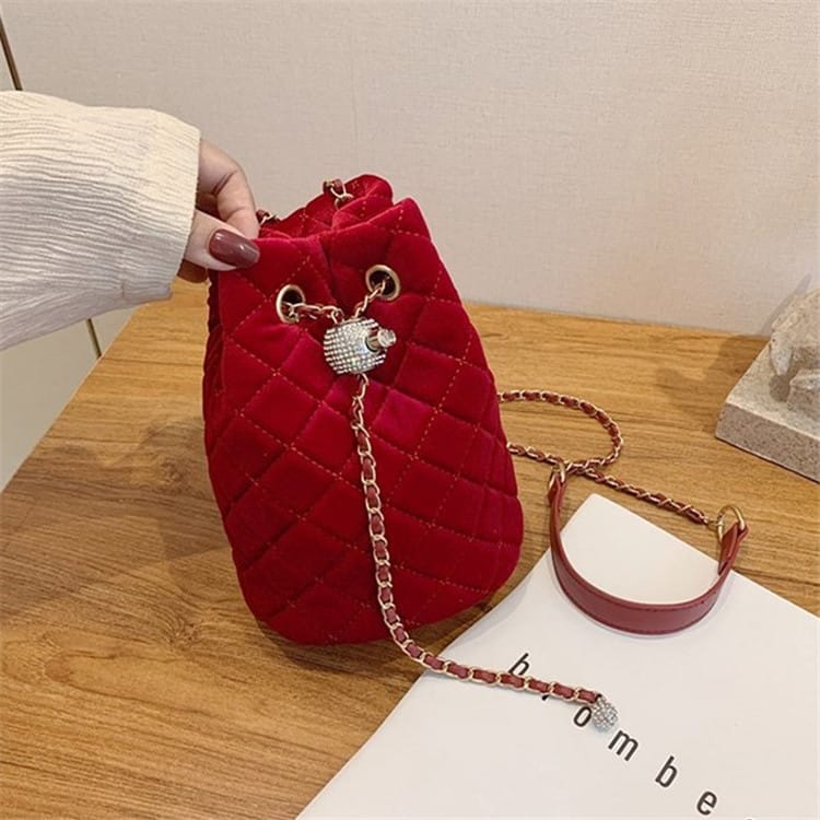 Women Fashion Solid Color Velvet Metal Chain Bucket Mini Bag