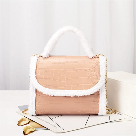 Women Plush Patchwork Crocodile Pattern Chain Crossbody Bag