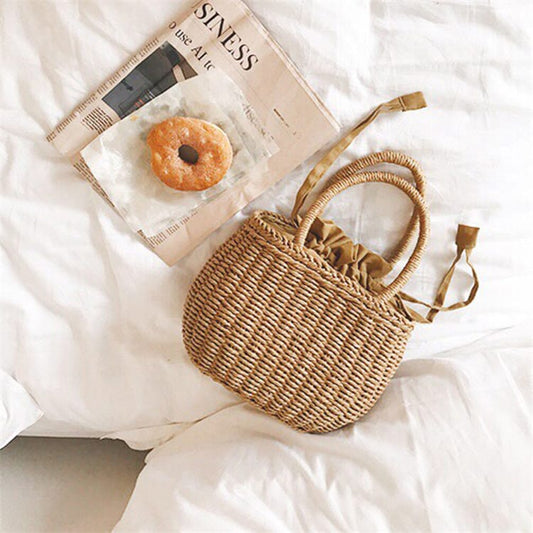 Women Fashion Solid Color Straw Woven Handle Bag