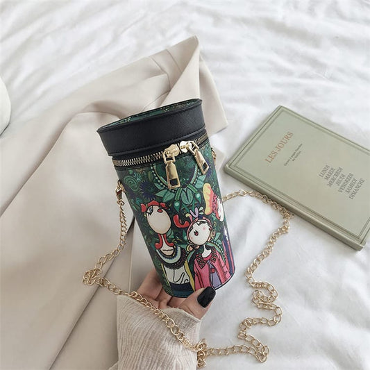 Women Cartoon Printed Color Blocking Zipper Crossbody Bag