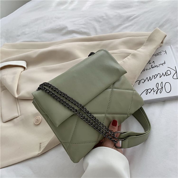 Women Solid Color Stitching Soft Chain Shoulder Bag
