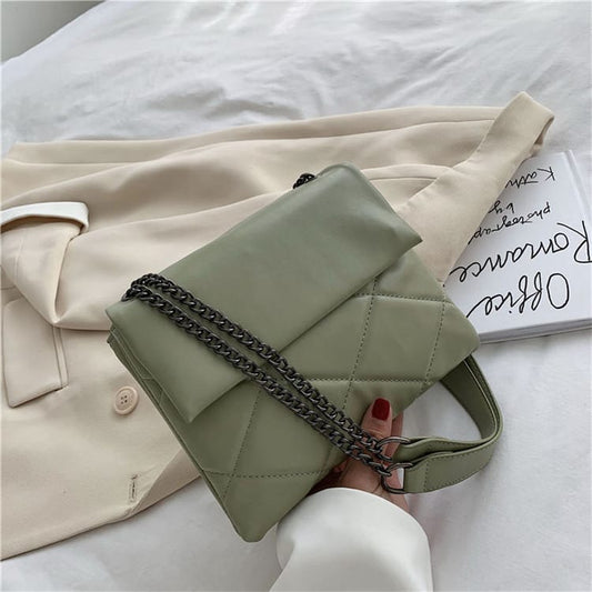 Women Solid Color Stitching Soft Chain Shoulder Bag