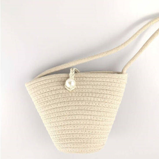 Sac seau tissé en imitation de perles de couleur unie pour femme