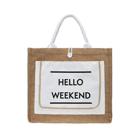 Women Color Blocking Letter Printed Woven Tote Bag