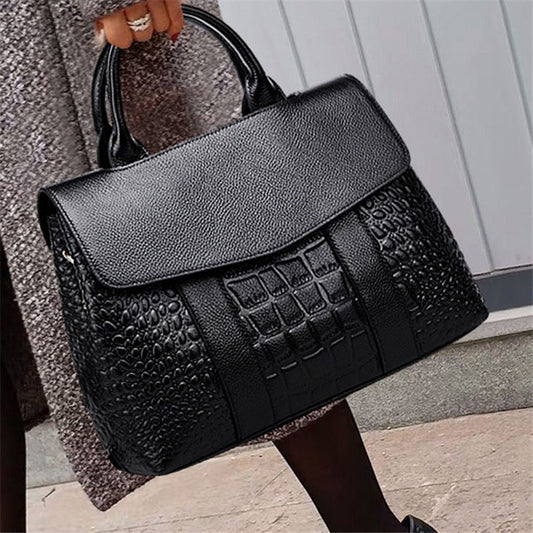 Sac fourre-tout à motif crocodile pour femme, couleur unie, grande capacité