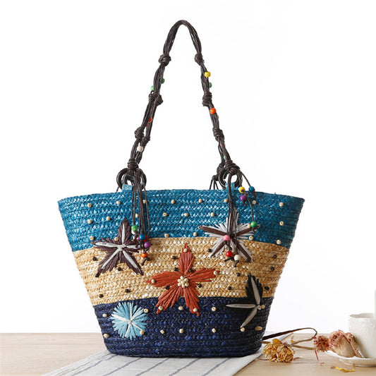 Women Bohemian Handwork Embroidered Starfish Straw Woven Shoulder Bag