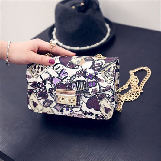 Sac à bandoulière à rabat et chaîne en métal pour femme, imprimé poker, motif dessin animé, couleurs contrastées
