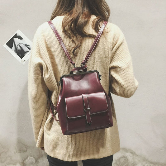 Women Vintage Style Solid Color Patchwork Backpack