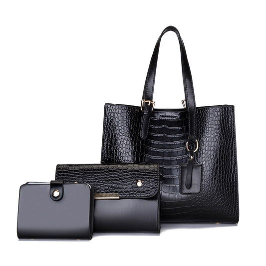 3 In 1 Women Vintage Color Blocking crocodile Pattern Large Capacity PU Shoulder Handle Bag