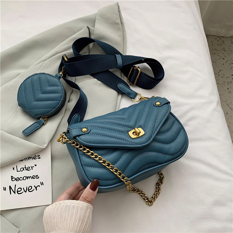 2 In 1 Women Chic Casual Wide Strap Qulited Design Metal Chain Solid Color Flap Crossbody Bag