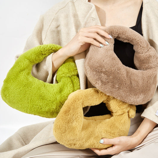 Sac à main portable en peluche nouée de couleur unie, tendance automne et hiver