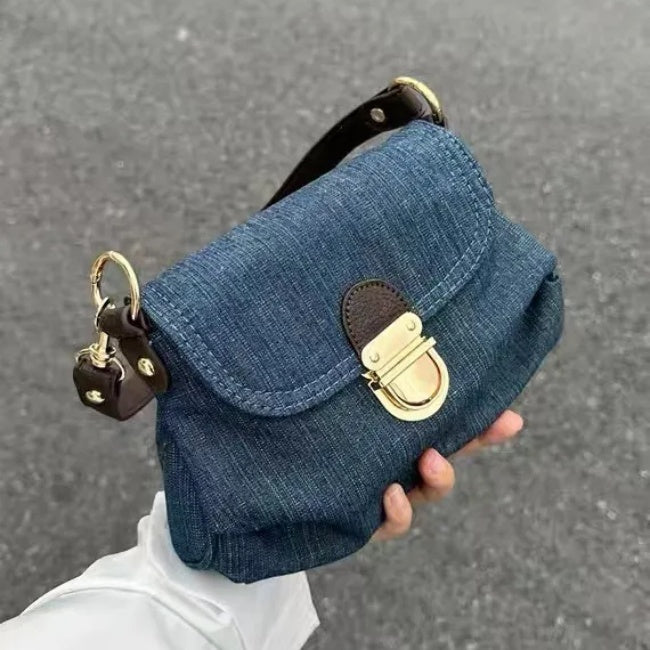 Women Fashion Retro Contrast Color Denim Lock Pleated Shoulder Bag