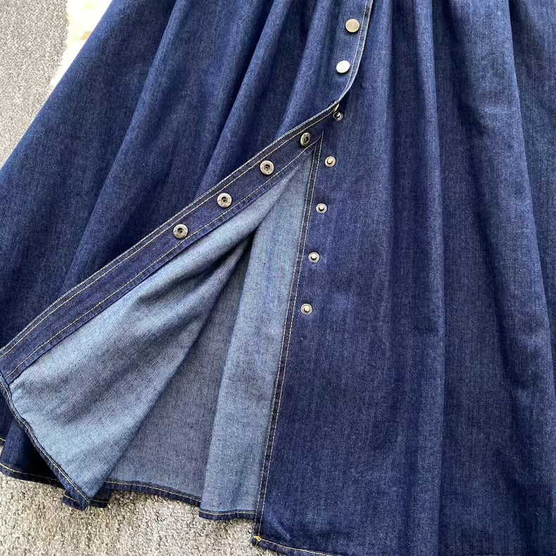 Stylish Summer Advanced Deep V-neck Waist Slim Pleated Casual Denim Dress TP2838