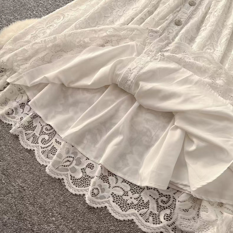 New Vintage Cuff Design Single-breasted High-waisted Lace Embroidery Dress TP2844