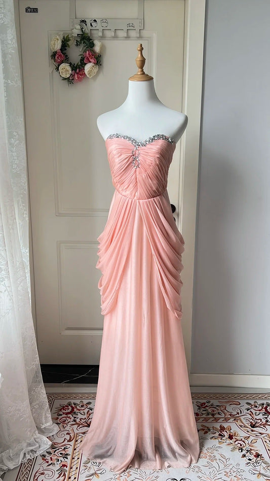 Elegant Pink Heart Neckline Rhinestone Chiffon Long Prom Dress Evening Dress P4205