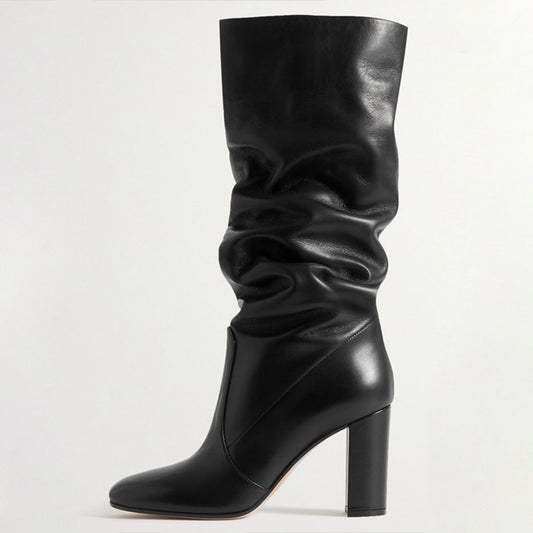 Black Round Toe Women's Vintage Chunky Heels Classic Calf Boots