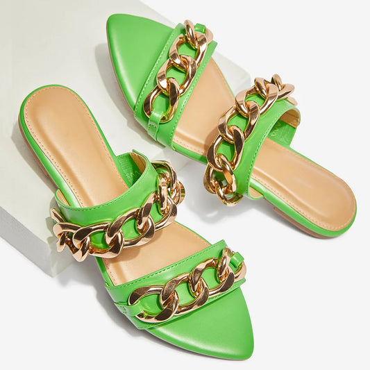 Women's Green Pointed Toe Metal Chain Decor Flat Mules