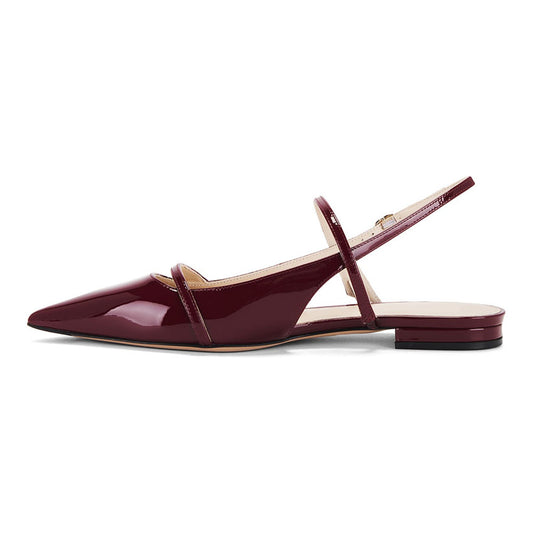 Sleek Maroon Patent Leather Pointed Toe Buckled Slingback Flats