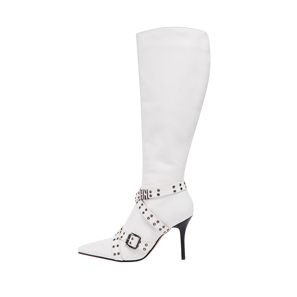 White Pointed Toe 4'' Stiletto Heel Studded Strappy Knee High Boots