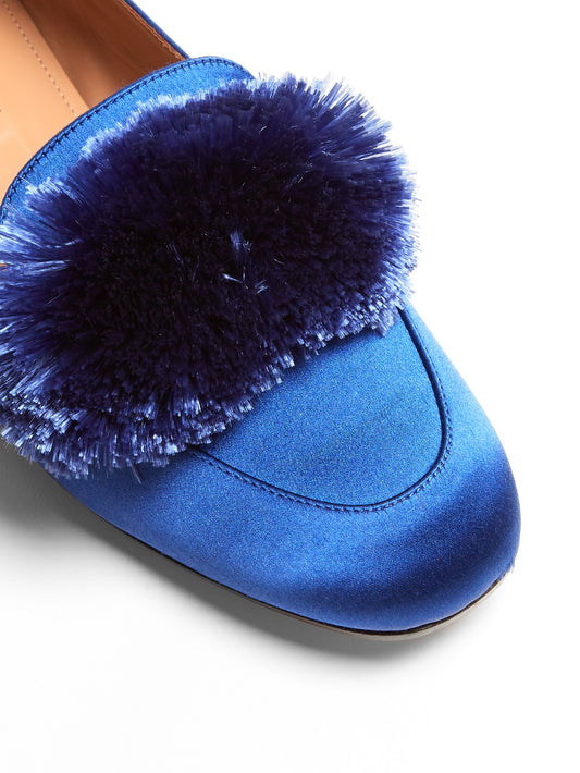 Royal Blue Satin Square Toe Pom Pom Flats Women's Loafers