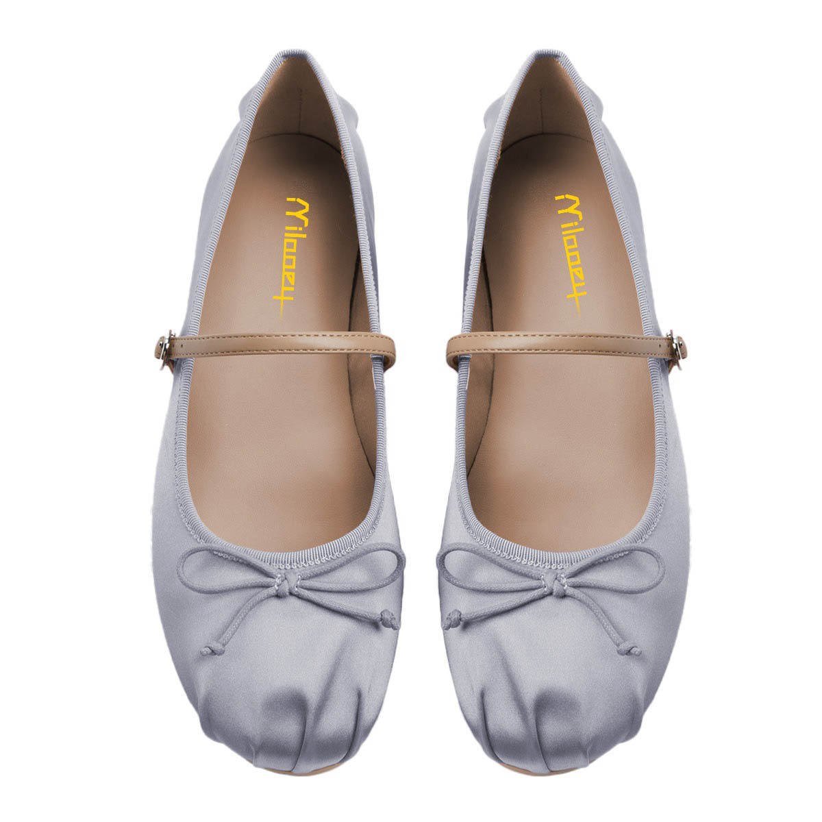 Gray Satin Round Toe Bow Decor Buckle Strap Classic Ballet Flats