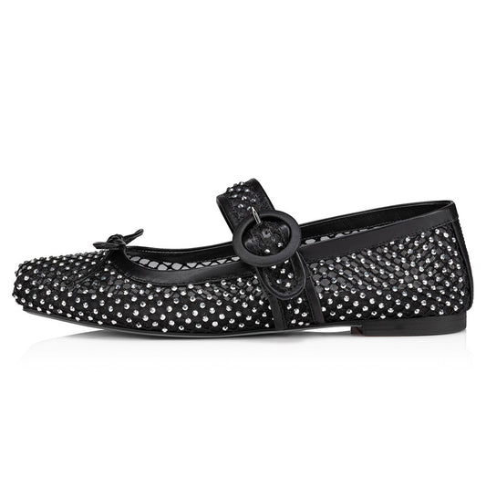 Black Mesh Square Toe Rhinestone Embellished Buckled Ballet Flats