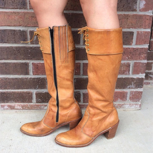 Tan Vintage Round Toe Block Heel Side Zip Knee High Boots for Women