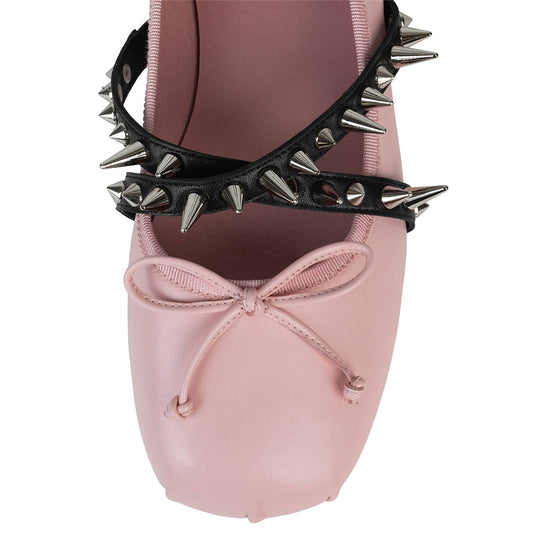 Pink Vegan Leather Pointed Toe Rivet Strappy Ballet Flats with Bow