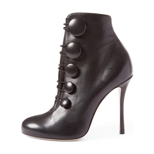 Black Stiletto Heels Round Toe Buttoned Ankle Boots for Women
