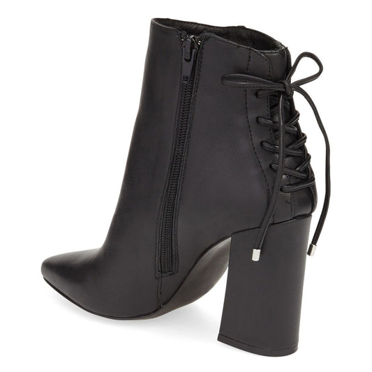 Women's Black Pointed Toe Ankle Boots Block Heel Rear Lace Up Booties