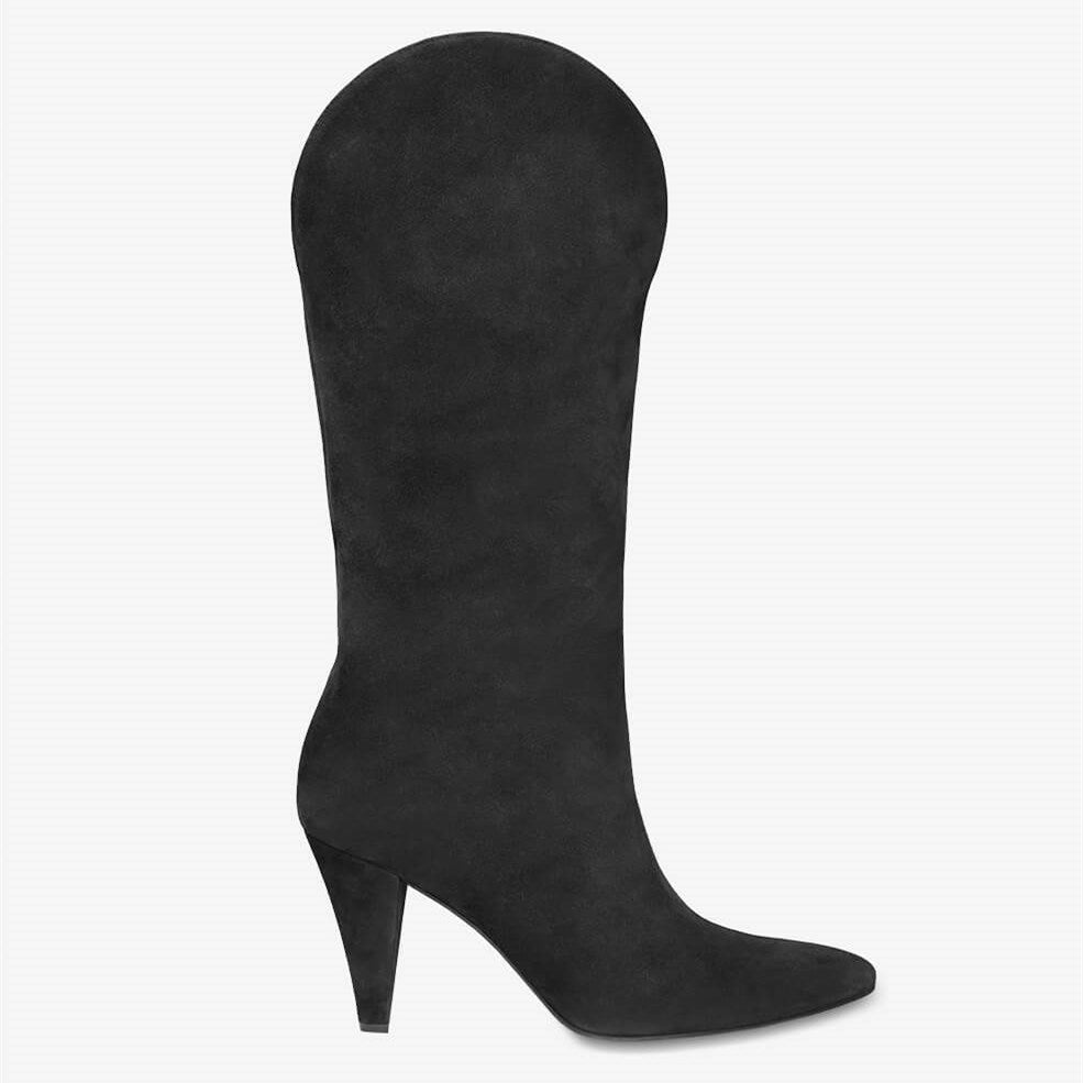 Black Closed Toe Cone Heel Slip On Mid Calf Boots for Women